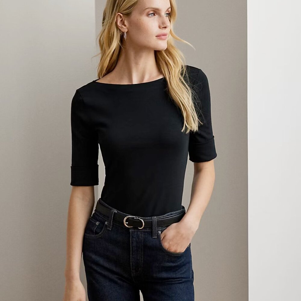 Ralph Lauren Stretch Cotton Boatneck Tee - Black - M